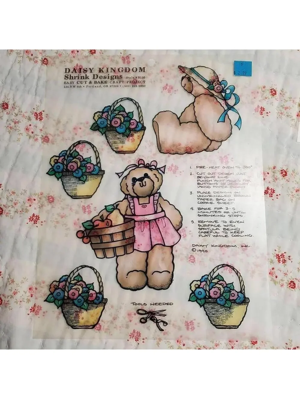 Vintage Daisy Kingdom Shrinky Dinks Fabric Panel Set of 4 Bear & Basket Designs